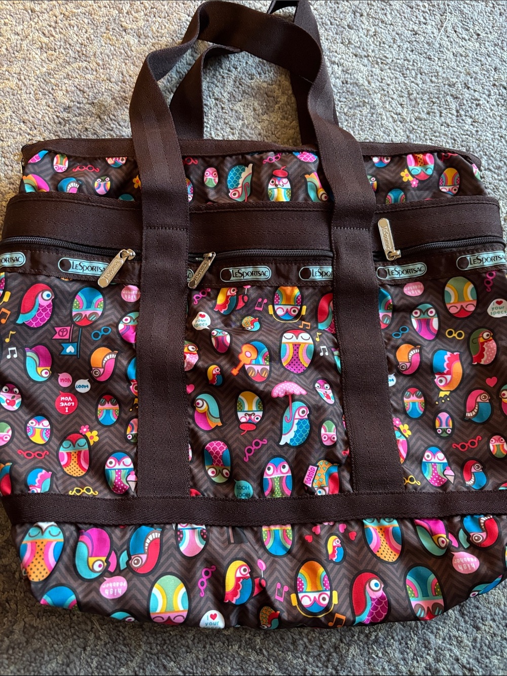 LeSportsac Brown Tote with Multicolor Owl & Bird Motif Medium Travel tote